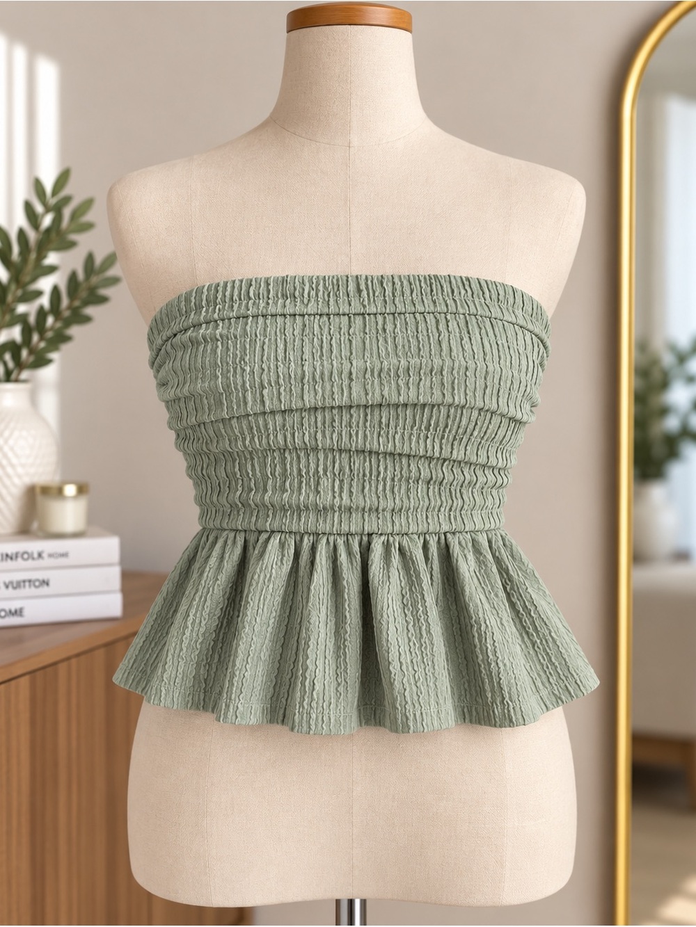 SHEIN Sage Green Smocked Strapless Peplum Camisole